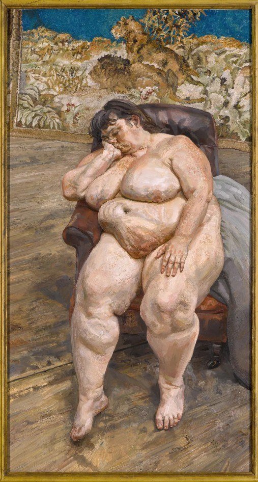 Sleeping by the Lion Carpet — Lucian Freud, Oil on canvas, 1995